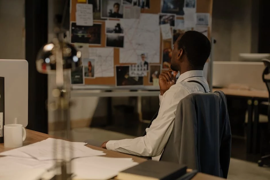 Detective studying an evidence board, illustrating how to enhance focus and improve productivity with a 10-minute deep focus start