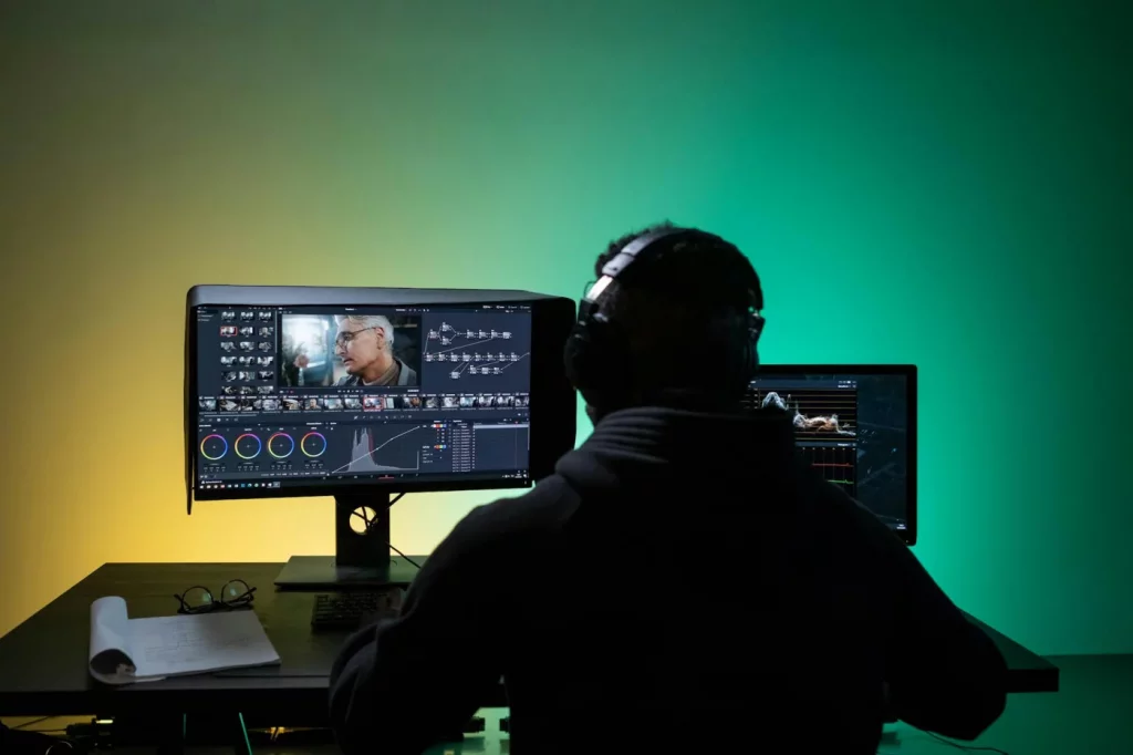 Video editor on dual monitors with headphones, color grading workflow showing how to reduce digital eye strain