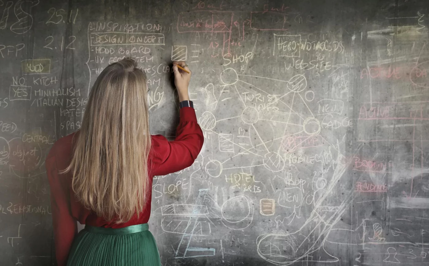 Woman planning study schedules and checklists on a chalkboard, showing how to study complex topics effectively