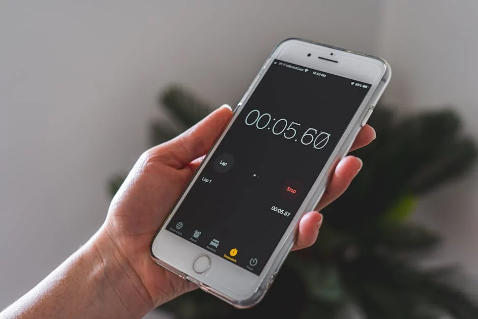 Hand holding smartphone stopwatch app showing how to use a meditation timer for a focused session