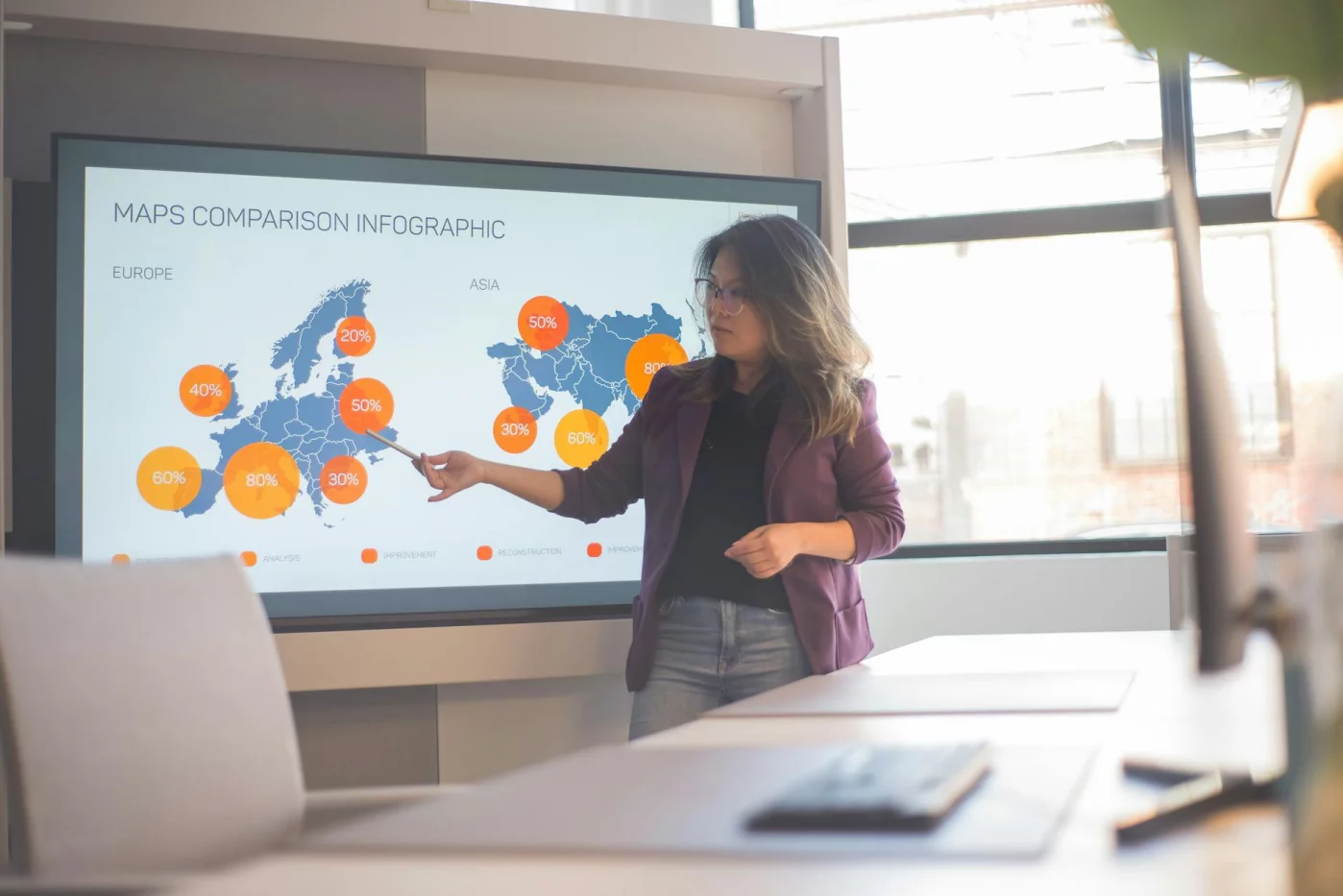 Presenter explains interleaving study method vs blocked practice in a modern office infographic