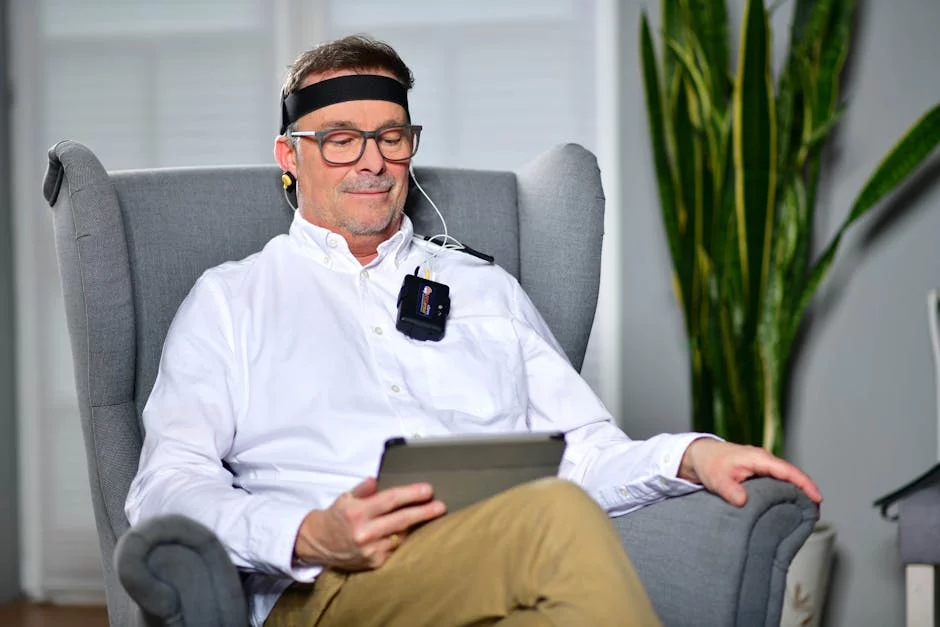 Man in armchair using neurofeedback device, neuroscience based coping skills for stress and modern healthcare tech