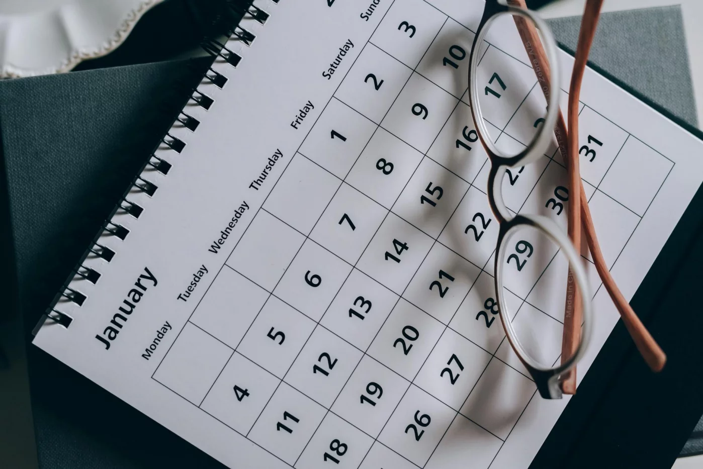 January calendar and eyeglasses illustrating what is the 2 7 30 rule for memory and spaced review planning