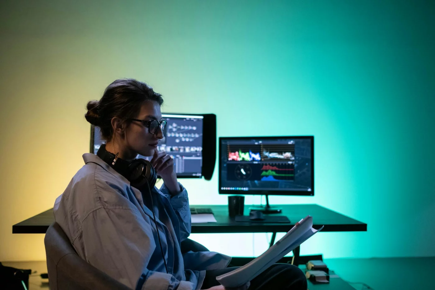 Dual N-Back Training: Does It Really Increase IQ? Woman at a dual-monitor desk following a 4-week routine while exploring whether does dual n back increase iq