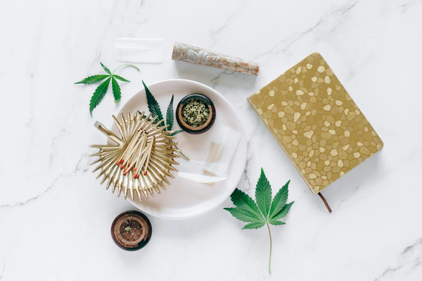 Does Weed Affect Memory When Sober? What the Evidence Shows Cannabis leaves on a marble tabletop illustrating the question: does weed affect memory when sober?