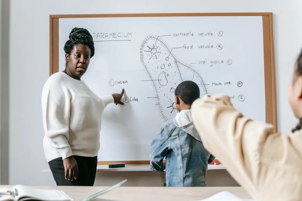 Teacher using a whiteboard to demonstrate how to chunk information for students during a classroom lesson