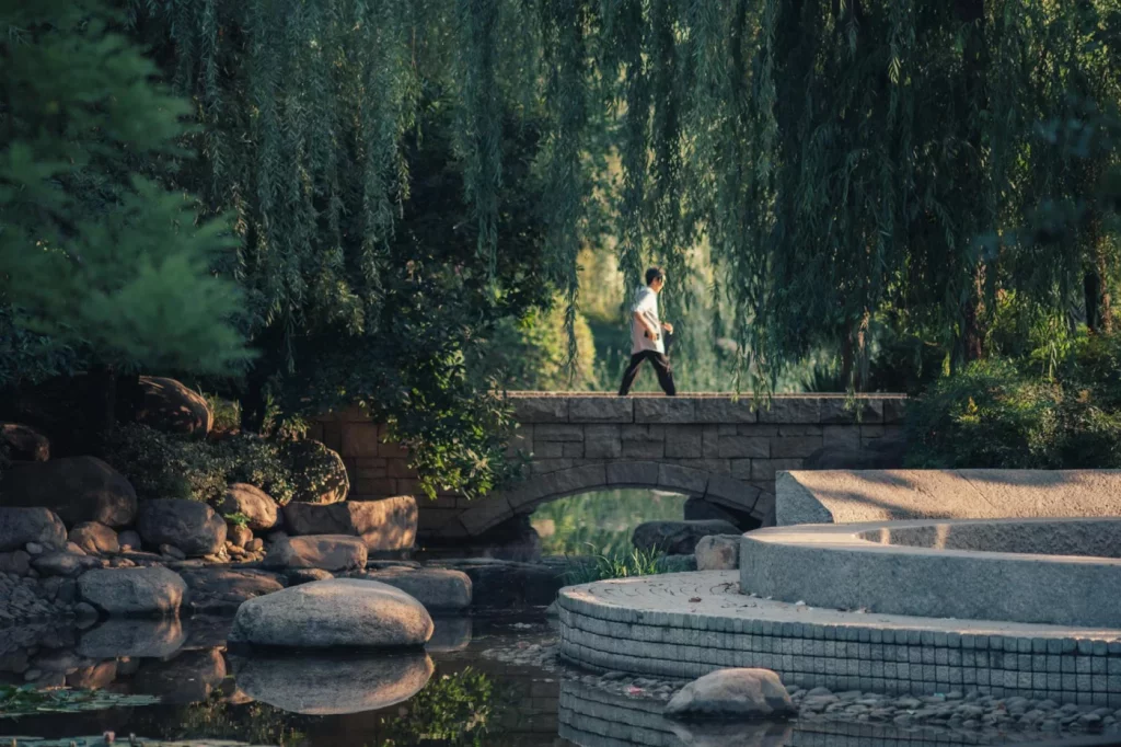 How to Meditate While Walking: A Beginner-Friendly Daily Practice Peaceful park with a stone footbridge over a pond, ideal for learning how to meditate while walking