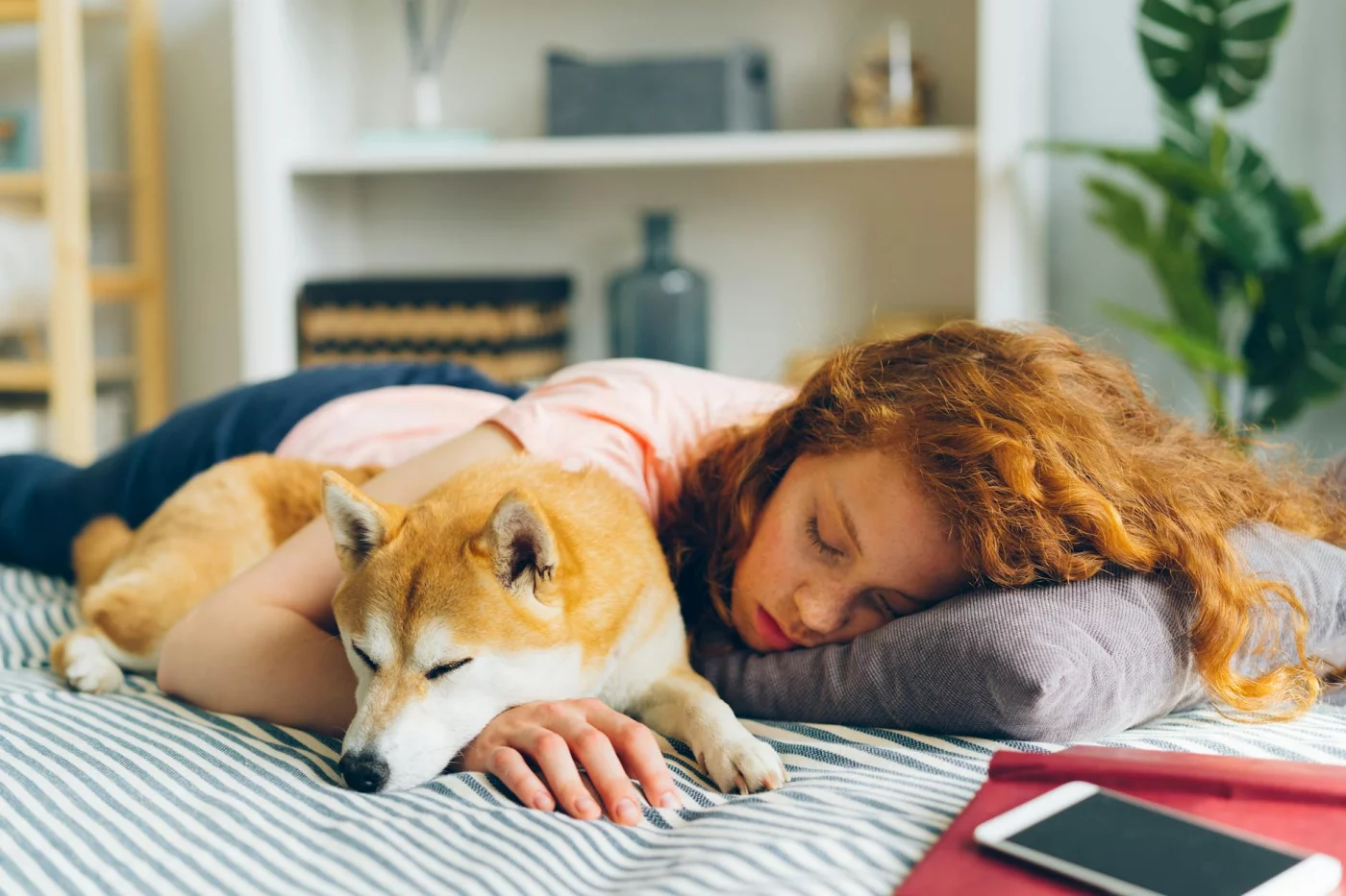 Sleep Inertia After a Nap: 7 Smart Ways to Wake Up Better Woman napping indoors with her Shiba Inu, illustrating sleep inertia after nap and why some naps feel groggy