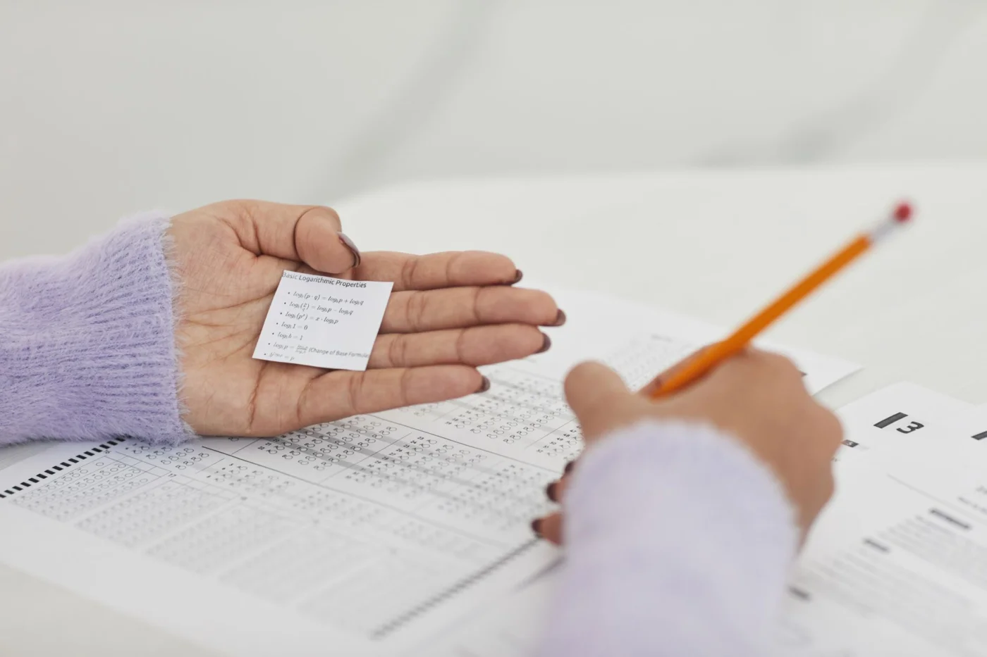 A One-Page Exam Review Template for Missed Practice Questions Student using hidden notes during a test, showing why an exam review template beats last-minute shortcuts